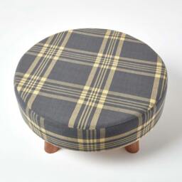 Rackhams Grey and Yellow Tartan Fabric Flat Circular Stool with Wooden Legs - thumbnail 3