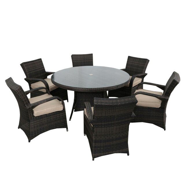 Rackhams 7 PCS Rattan Garden Furniture Dining Set - 6 Seater Patio Round Tempered Glass Dining Table Set- NO ASSEMBLY & ALUMINIUM FRAME - Brown - image 1