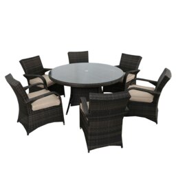 Rackhams 7 PCS Rattan Garden Furniture Dining Set - 6 Seater Patio Round Tempered Glass Dining Table Set- NO ASSEMBLY & ALUMINIUM FRAME - Brown