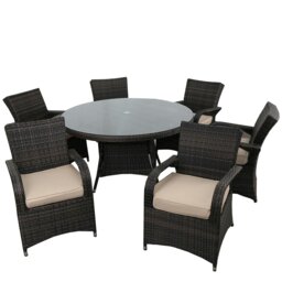 Rackhams 7 PCS Rattan Garden Furniture Dining Set - 6 Seater Patio Round Tempered Glass Dining Table Set- NO ASSEMBLY & ALUMINIUM FRAME - Brown - thumbnail 2