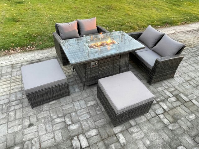 Rackhams 5 Pieces Garden Furniture Sets Poly Rattan Outdoor Patio Gas Fire Pit Dining Table Sofa Set with 2 Big Footstool - image 1