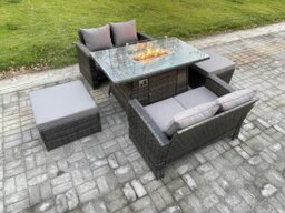 Rackhams 5 Pieces Garden Furniture Sets Poly Rattan Outdoor Patio Gas Fire Pit Dining Table Sofa Set with 2 Big Footstool - thumbnail 2