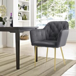 Rackhams Livingandhome Stylish Gray Dining Chair with Gold Spray-Painted Legs and Velvet Upholstery - thumbnail 2