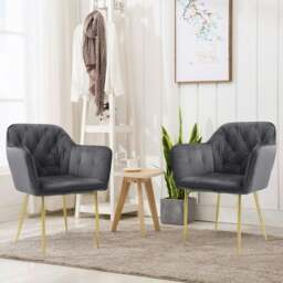 Rackhams Livingandhome Stylish Gray Dining Chair with Gold Spray-Painted Legs and Velvet Upholstery - thumbnail 3