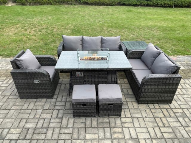 Rackhams Garden Patio Furniture Wicker Rattan Gas Fire Pit Table and Sofa Chair set with Side Table 2 Small Footstools - image 1