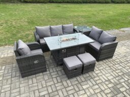 Rackhams Garden Patio Furniture Wicker Rattan Gas Fire Pit Table and Sofa Chair set with Side Table 2 Small Footstools - thumbnail 2
