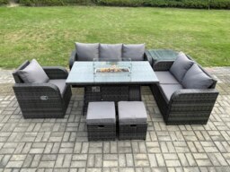 Rackhams Garden Patio Furniture Wicker Rattan Gas Fire Pit Table and Sofa Chair set with Side Table 2 Small Footstools - thumbnail 1