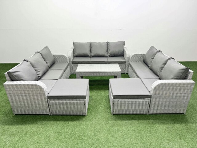 Rackhams PE Rattan Lounge Sofa Set 11 Seater Outdoor Garden Furniture Set with Oblong Coffee Table 3 Seater Sofa 2 Big Footstools Light Grey - image 1