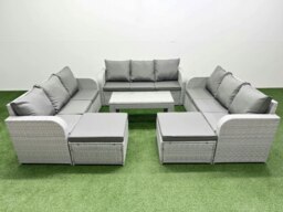 Rackhams PE Rattan Lounge Sofa Set 11 Seater Outdoor Garden Furniture Set with Oblong Coffee Table 3 Seater Sofa 2 Big Footstools Light Grey - thumbnail 1
