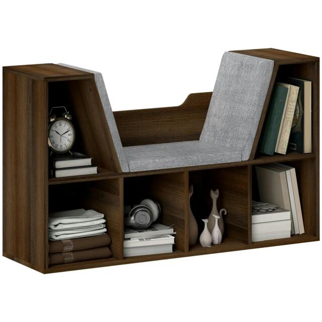 Rackhams Bookcase Storage Shelf with Cushioned Reading Seat, Cube Bookshelf Organizer for Bedroom Living Room, Chestnut
