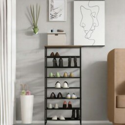 Rackhams Tall Hallway Shoe Rack Storage Shelves Greige - thumbnail 6