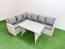 Rackhams Garden Outdoor Rattan Furniture Set Rattan Corner Sofa Oblong Dining Table Set Light Grey Mixed 6 Seater - thumbnail 1