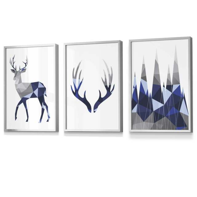 Rackhams Geometric Navy Blue Grey Stags Framed Wall Art Set - 59x84cm (A1) - Silver - image 1