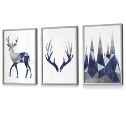 Rackhams Geometric Navy Blue Grey Stags Framed Wall Art Set - 59x84cm (A1) - Silver - thumbnail 6