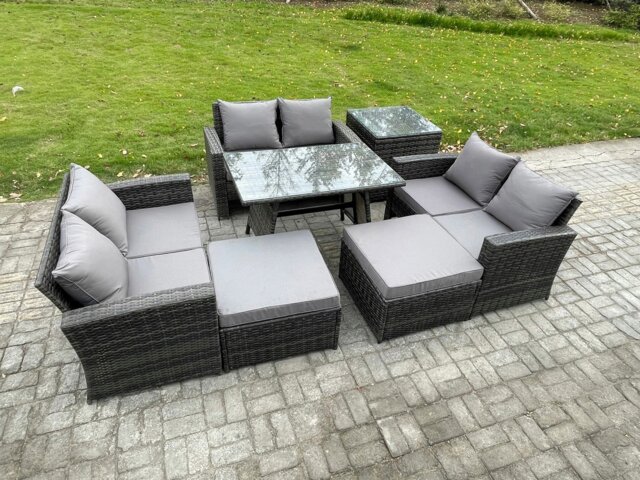 Rackhams Outdoor Lounge Sofa Set - Dark Grey Mixed PE Wicker Rattan Garden Furniture with Rectangular Dining Table & 2 Big Footstools - image 1