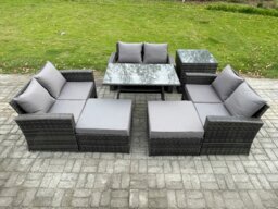 Rackhams Outdoor Lounge Sofa Set - Dark Grey Mixed PE Wicker Rattan Garden Furniture with Rectangular Dining Table & 2 Big Footstools - thumbnail 2