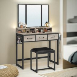 Rackhams 3 Drawer Dressing Table With Mirror And Stool Greige - thumbnail 3