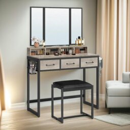 Rackhams 3 Drawer Dressing Table With Mirror And Stool Greige - thumbnail 1