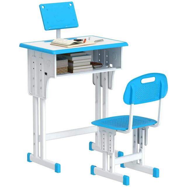 Rackhams Kids Adjustable Desk and Chair Set, Book Stand, Pen Slot - Blue