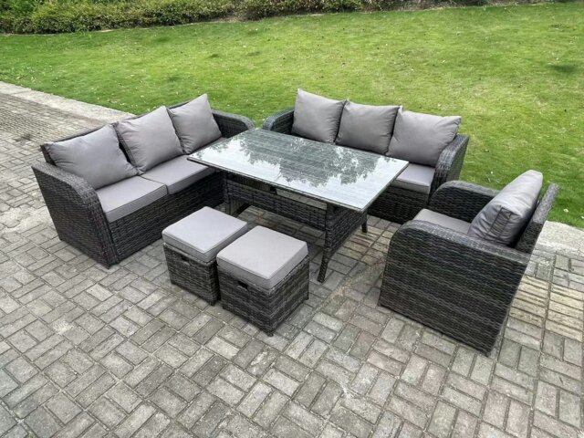 Rackhams 9 Seater Dark Grey Rattan Outdoor Dining Set - Reclining Chair, Lounge Sofa, 3-Seater Sofa & 2 Stools - image 1