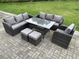 Rackhams 9 Seater Dark Grey Rattan Outdoor Dining Set - Reclining Chair, Lounge Sofa, 3-Seater Sofa & 2 Stools - thumbnail 2