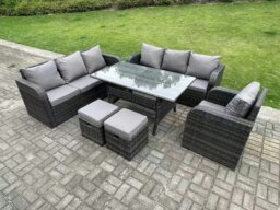 Rackhams 9 Seater Dark Grey Rattan Outdoor Dining Set - Reclining Chair, Lounge Sofa, 3-Seater Sofa & 2 Stools - thumbnail 1