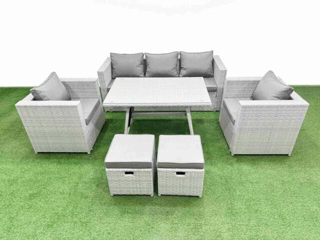 Rackhams 7 Pieces Outdoor PE Rattan Sofa Armchair Set Patio Garden Furniture Sets with Cushions 2 Small Stools Light Grey - image 1