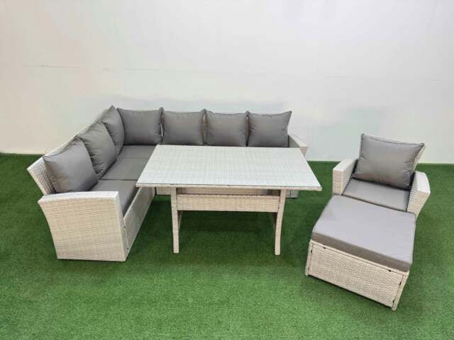Rackhams 8 Seater Rattan Garden Furniture Set Outdoor Patio Dining Corner Sofa Sets with Dining Table Chair Big Footstool Light Grey Mixed - image 1