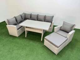 Rackhams 8 Seater Rattan Garden Furniture Set Outdoor Patio Dining Corner Sofa Sets with Dining Table Chair Big Footstool Light Grey Mixed - thumbnail 2