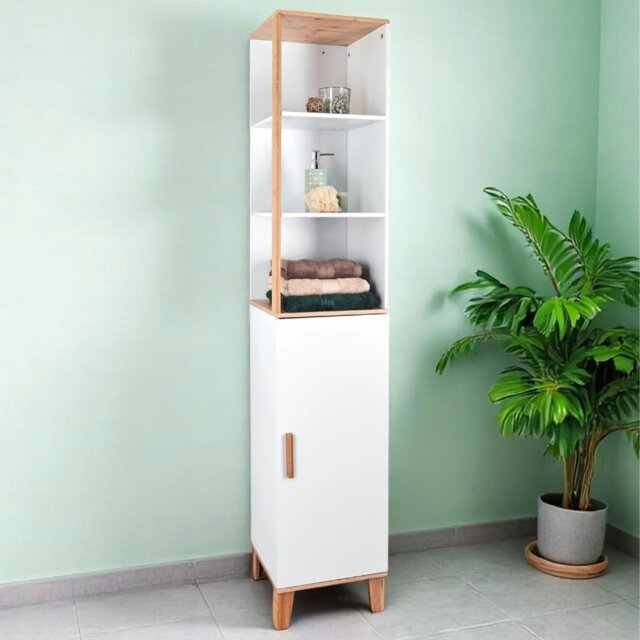 Rackhams Catania Matt White & Bamboo Tall Bathroom Cabinet with Display Shelves - image 1