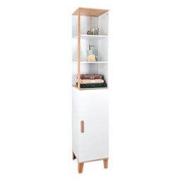 Rackhams Catania Matt White & Bamboo Tall Bathroom Cabinet with Display Shelves - thumbnail 6