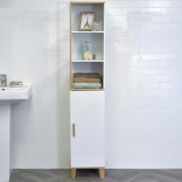Rackhams Catania Matt White & Bamboo Tall Bathroom Cabinet with Display Shelves - thumbnail 2