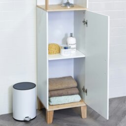 Rackhams Catania Matt White & Bamboo Tall Bathroom Cabinet with Display Shelves - thumbnail 4