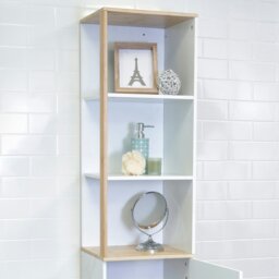 Rackhams Catania Matt White & Bamboo Tall Bathroom Cabinet with Display Shelves - thumbnail 3
