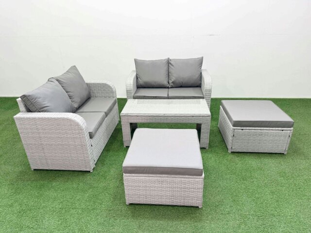 Rackhams 6 Seater Outdoor Love Sofa Set Rattan Garden Furniture Set with Oblong Coffee Table 2 Footstool Light Grey - image 1