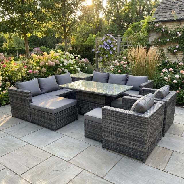 Rackhams 11 Seater Rattan Garden Furniture Set with Corner Sofa, Height Adjustable Rising Table, 2 Chairs, Side Table & 3 Footstools - Dark Grey - image 1