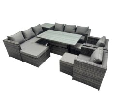 Rackhams 11 Seater Rattan Garden Furniture Set with Corner Sofa, Height Adjustable Rising Table, 2 Chairs, Side Table & 3 Footstools - Dark Grey - thumbnail 2