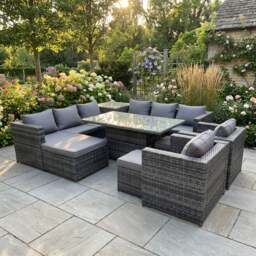 Rackhams 11 Seater Rattan Garden Furniture Set with Corner Sofa, Height Adjustable Rising Table, 2 Chairs, Side Table & 3 Footstools - Dark Grey