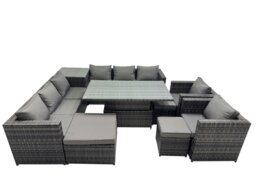 Rackhams 11 Seater Rattan Garden Furniture Set with Corner Sofa, Height Adjustable Rising Table, 2 Chairs, Side Table & 3 Footstools - Dark Grey - thumbnail 3