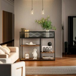 Rackhams 4-Tier Industrial Console Table with Wire Basket