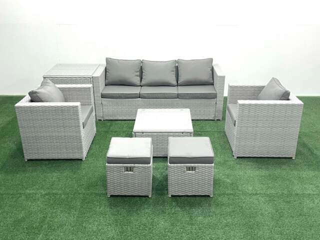 Rackhams 7 Seater Rattan Garden Furniture Set with 3 Seater Sofa 2 Chair Square Coffee Table 2 Small Footstools Side Table Light Grey Mixed - image 1
