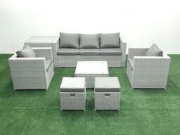 Rackhams 7 Seater Rattan Garden Furniture Set with 3 Seater Sofa 2 Chair Square Coffee Table 2 Small Footstools Side Table Light Grey Mixed - thumbnail 1