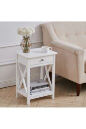 Rackhams 2-Tier Drawer Nightstand Wooden  Bedside Table with Storage Shelf 55.5cm H - White - thumbnail 3