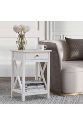 Rackhams 2-Tier Drawer Nightstand Wooden  Bedside Table with Storage Shelf 55.5cm H - White - thumbnail 2