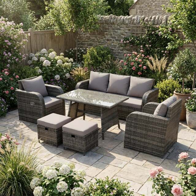Rackhams 7 Seater Rattan Garden Furniture Set with Dining Table, Sofa, 2 Reclining Chairs, 2 Footstools - Dark Grey - image 1