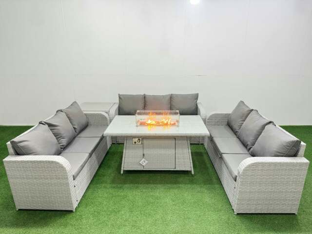 Rackhams PE Rattan Lounge Sofa Set 9 Seater Outdoor Garden Furniture Set with Fire Pit Dining Table 3 Seater Sofa Side Table Light Grey - image 1