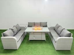 Rackhams PE Rattan Lounge Sofa Set 9 Seater Outdoor Garden Furniture Set with Fire Pit Dining Table 3 Seater Sofa Side Table Light Grey - thumbnail 1