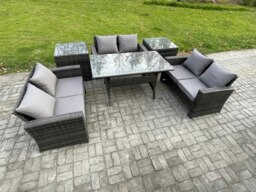 Rackhams 6 Seater Wicker PE Rattan Garden Furniture Sets Outdoor Lounge Sofa Set with Oblong Dining Table Double Seat Sofa 2 Side Tables Dark Grey Mixed - thumbnail 2