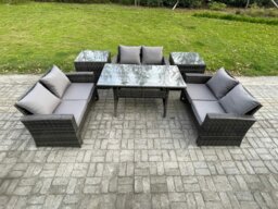 Rackhams 6 Seater Wicker PE Rattan Garden Furniture Sets Outdoor Lounge Sofa Set with Oblong Dining Table Double Seat Sofa 2 Side Tables Dark Grey Mixed - thumbnail 1