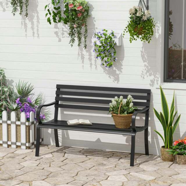 Rackhams 2 Seater Bench Garden Furniture Outdoor Metal Loveseat Seat Patio Chair - Black - Alloy Steel - 127cm x 58cm x 82cm - image 1